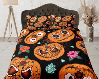 Juego de cama de calabaza de Halloween, juego de funda nórdica con calaveras de azúcar, funda de edredón de temporada espeluznante, lindo juego de dormitorio para niños, diseño del Día de los Muertos