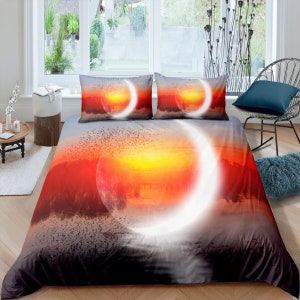 Set di biancheria da letto Eclipse Sunset, set copripiumino estetico, copriletto personalizzato, copripiumino celeste, set da camera da letto unico, copriletto Sunset