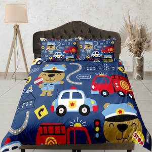 Police Car Cotton Duvet Cover Firetruck Quilt Cover, Kids Bedroom Bedding Set Nursery Room Blanket Cover, Toddlers Bedspread