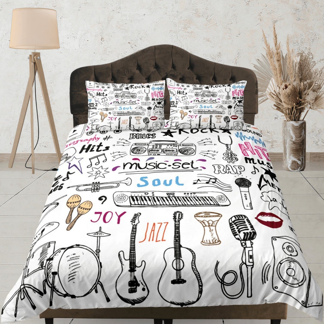 Music Themed Doodle Duvet Cover Set, Custom Quilt Cover, Aesthetic