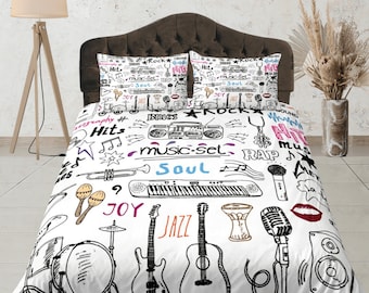 Juego de funda nórdica con temática musical, funda de edredón personalizada, ropa de cama estética para dormitorio, juego de dormitorio artístico, ropa de cama con cremallera, colcha para amantes de la música