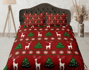 Festive Reindeer Bedding Set, Christmas Tree Pattern, Classic Duvet Cover, Custom Size Bedspread, Red and Green Bedroom Set, Holiday Decor