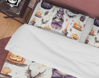 Witchy Halloween-dekbedovertrekset, beddengoed met gotische schedel en pompoen, griezelige slaapzaaldekbedovertrek, esthetische slaapkamerset, sprei aangepast formaat