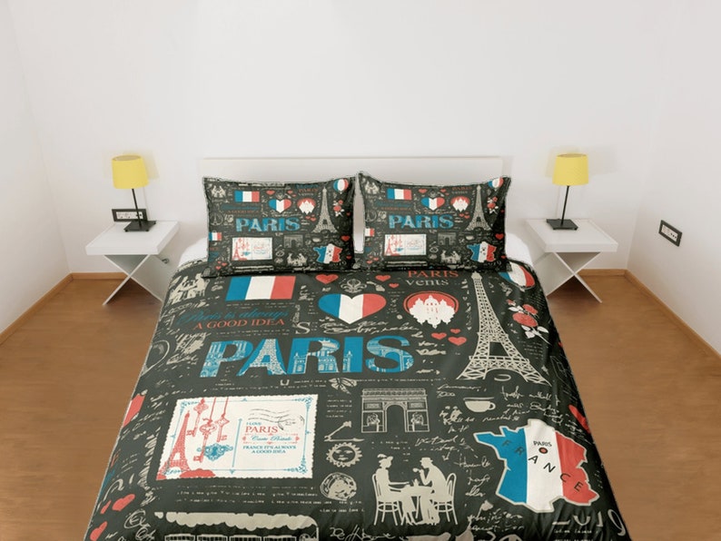 Paris France Print Pattern Duvet Cover Bedding Set