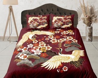 Japanese Crane Print Duvet Cover Set, Red and Gold Dorm Bedding, Custom Size Bedroom Set, Elegant Floral Quilt Cover