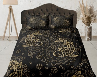 Koi Fish Duvet Cover Set, Japanese Quilt Cover, Gold Koi Bedding, Koi Fish Zen Bedspread, Black and Gold Bedroom Decor, Cotton Bedding Set