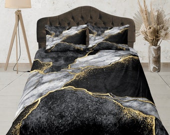 Luxe Marble Bedding Set, Luxurious Quilt Cover, Elegant Doona Cover, Black and Gold Modern, Custom Size Bedroom Set, Aesthetic Duvet Cover