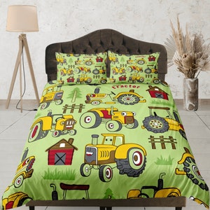 Gelb Grün Cartoon Traktor Bettdecke, Benutzerdefinierte Größe Bettwäsche-Set, Kinder Schlafzimmer Set, Reißverschluss Bettbezug-Set, Schlafsäle Bettwäsche, Verspielte Quilt Cover