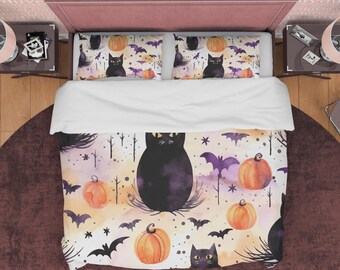Black Cat Halloween-dekbedovertrekset, gotische pompoen slaapzaalbeddengoed, aangepast formaat esthetische slaapkamerset, griezelige vleermuis dekbedovertrek, herfstsprei