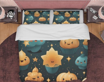 Lindo juego de funda nórdica con estrellas de calabaza, juego de dormitorio caprichoso, funda de edredón de noche estrellada, colcha de decoración divertida para dormitorio, ropa de cama con cremallera, ropa de cama linda
