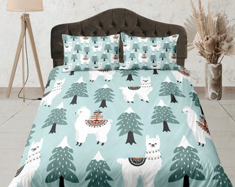 Juego de cama de llama de invierno, colcha de animales en colores pastel, linda funda nórdica, juego de cama para dormitorio infantil, funda de edredón para amantes de los animales, juego de funda nórdica de tamaño personalizado