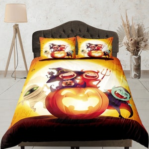 Halloween Duvet Cover, Custom Size, Kids Bedding, Spooky Design, Pumpkin and Monsters, Festive Blanket Cover, Cotton Quilt Cover