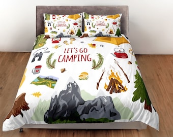 Camping Theme Duvet Cover Set, Let's Go Camping Bedding Set, Adventure Print Bedspread, Custom Bedroom Set, Dorm Bedding, beautiful Duvet