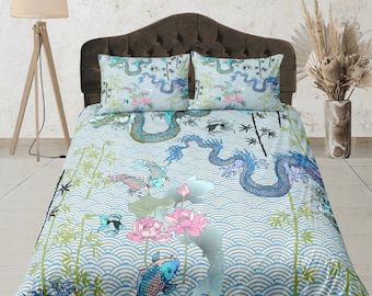 Japanese Dragon Duvet Cover, Custom Size, Koi Fish Design, Asian Inspired Bedding, Elegant Floral Decor, Cotton Quilt Cover