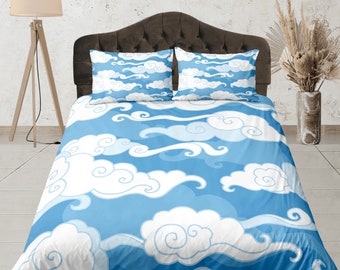 Cloud Duvet Cover Set, Blue Sky Quilt Cover, Whimsical Bedroom Decor, Japanese Style Bedspread, Unique Bedding, Zipper bedding
