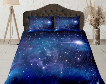 Juego de funda nórdica Galaxy Starry Night, colcha cósmica azul profundo, funda de edredón de tamaño personalizado, ropa de cama estética para dormitorio, juego de dormitorio con temática espacial
