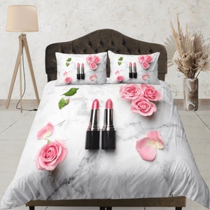 Marble Print Duvet Cover Set, Pink Rose Lipstick Bedroom Set, Gorgeous bed set, Aesthetic Dorm Bedding, Floral Bedspread, Cute Bedding Set