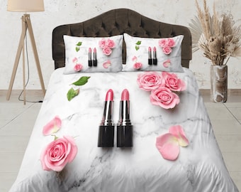 Marble Print Duvet Cover Set, Pink Rose Lipstick Bedroom Set, Gorgeous bed set, Aesthetic Dorm Bedding, Floral Bedspread, Cute Bedding Set