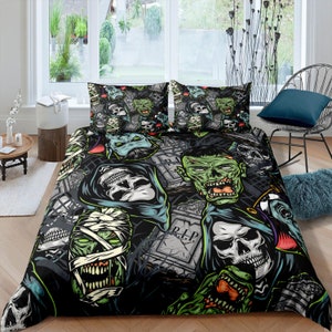 Halloween Zombie Duvet Cover Set, Gothic Dorm Bedding, Horror Bedspread, Scary Bedroom Set, Custom Size Quilt Cover, Halloween Bed Cover
