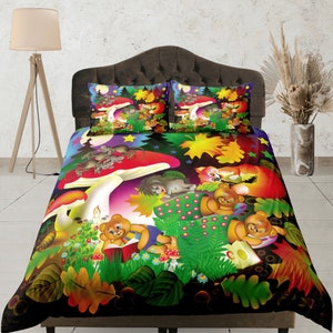 Whimsical Cartoon Animal Duvet Cover Set, Kids Room Bedspread, Dorm Bedding, Playful Quilt Cover, Fantasy Bedroom Set, Childrens Room Decor