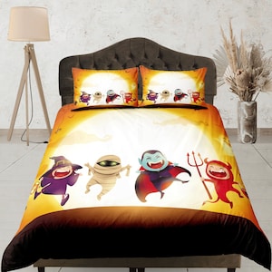 Halloween Characters Bedding Set, Spooky Duvet Cover Set, Kids Bedroom Set, Cute Cliparts Quilt Cover, Childrens Doona Cover, Seasonal Gifts