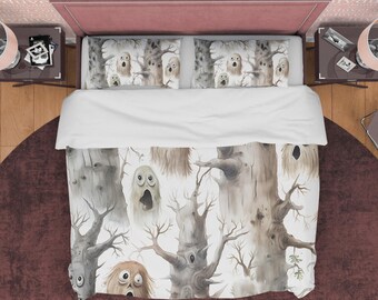 Spooky Ghost Tree Halloween Duvet Cover Set, Haunted Forest Bedding Set, Gothic Bedroom Decor, Custom Size Dorm Bedding