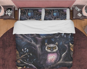 Dark Forest Owl Bettbezug-Set, wundervoller Quilt-Bezug, ästhetische Schlafsäle Bettwäsche, Gothic Schlafzimmer Set, künstlerische Tagesdecke, Reißverschluss Bettwäsche