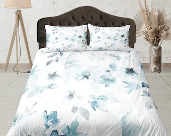 Copriletto floreale bianco blu, set di biancheria da letto su misura, set copripiumino con cerniera, copripiumino estetico, biancheria da letto per dormitorio, set da camera da letto con fiori morbidi