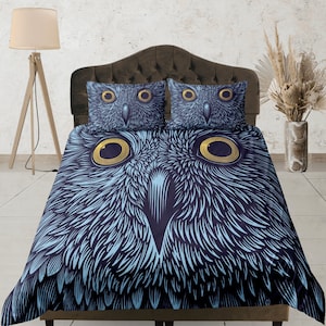 Blue and Yellow Owl bedspread, Soft bedding set, Duvet Cover Set, Custom Size Bedding Set, Dorm Bedding, Unique Doona Cover, Bedroom Set