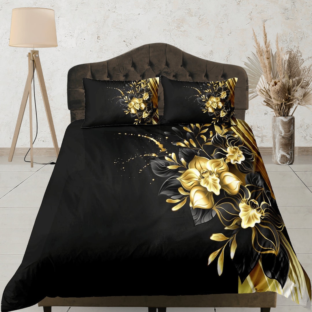 Gold Glitter Floral Pattern Print Duvet Cover Bedding Set