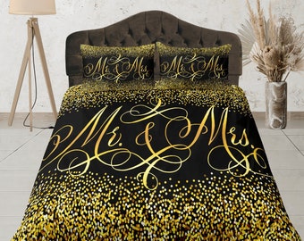 Mr and Mrs Duvet Cover, Wedding Bedding, Anniversary Gift, Gold Bedspread, Black and Gold Bedroom Set, Luxury Blanket Cover, Couples Gift