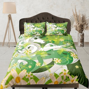 Whimisical Green Floral Bedding Set, Unicorn Duvet Cover, Botanical Quilt Cover, Spring Bedroom Set, Geometric Bed Cover, Plant Lover Gift