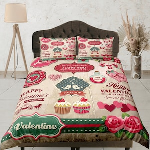 Valentine&#39;s Day Duvet Cover Set, Retro Dorm bedding, Romantic love quilt cover, Sweet Couples bedroom set, Heart print cover, Pink bedspread