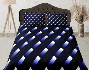 Modern Geometric Bedding Set, Blue and White Duvet Cover, Aesthetic Dorm Bedding, Abstract Pattern Bedspread, Minimalist Bedroom Set Gift