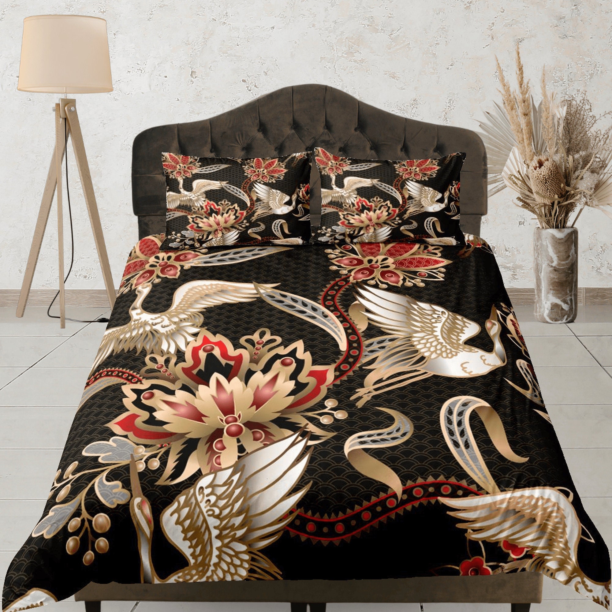Black and Gold Floral Crane Pattern Duvet Cover Set, Aesthetic Dorm ...