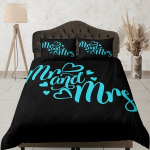 Calligraphy Bedding Cover, Mr and Mrs Duvet Cover Set, Couples Bedroom Set, Newly Weds Bedspread, Romantic Doona Cover, Unique Wedding Gift