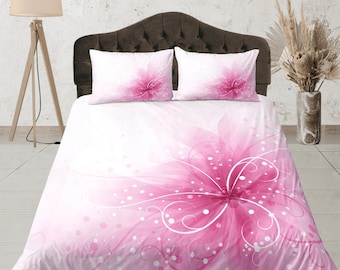 Pink Floral Duvet Cover Set, Custom Size Bedding Set, Aesthetic Dorm Bedding, Zipper Bedroom Set, Doona Cover, Pink Bedspread