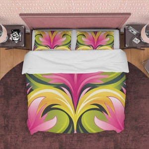 Pink and Green Floral Duvet Cover, Beautiful bed set, Vibrant Bedroom Set, Aesthetic Quilt Cover, Colorful Dorm Bedding, Bohemian Bedspread