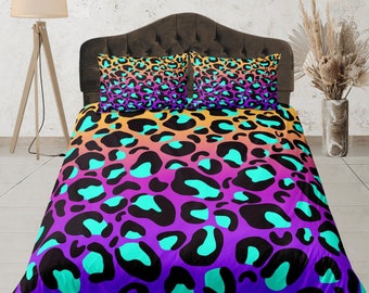 Rainbow Leopard Print Duvet Cover Set, Colorful Animal Dorm Bedding, Custom Quilt Cover, Trendy Bedroom Set, Vibrant Bedspread, Bedding Set