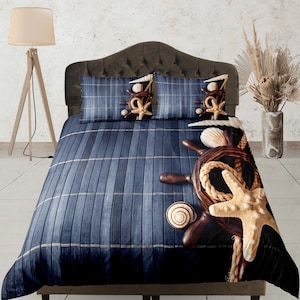 Nautical Blue Duvet Cover Set, Coastal Bedroom Set, Starfish Bedding Set, Beach House Quilt Cover, Seashells Bedspread, Vacation Home Decor