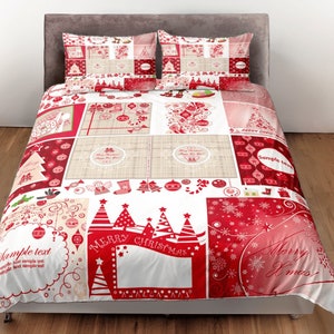 Red Patchwork Bedding Set, Vintage Christmas Duvet Cover Set, Holiday Quilt Cover, Festive Bedspread, Dorm Bedding, Holiday Room Decor