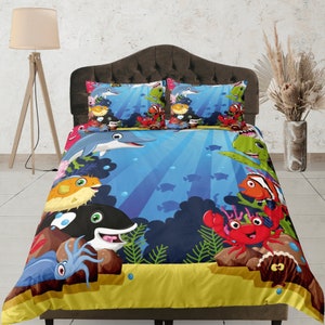 Underwater Ocean Theme Kids Bedding Set, Custom Size Blue Duvet Cover, Cute Sea Animal Print Bedroom Set, Aesthetic Bedspread for Children