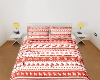Classic Nordic Duvet Cover Set, Vintage Christmas Pattern Bedding Set, Reindeer Quilt Cover, Cozy Holiday Bedroom Set, Red Nordic Patterns