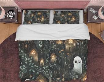 Verzauberte Waldeulen Bettbezug-Set, gemütliche Schlafsäle Bettwäsche, Woodland Quilt Cover, magische Schlafzimmer-Set, weiche Tagesdecke für Kinder, elegantes Bettset
