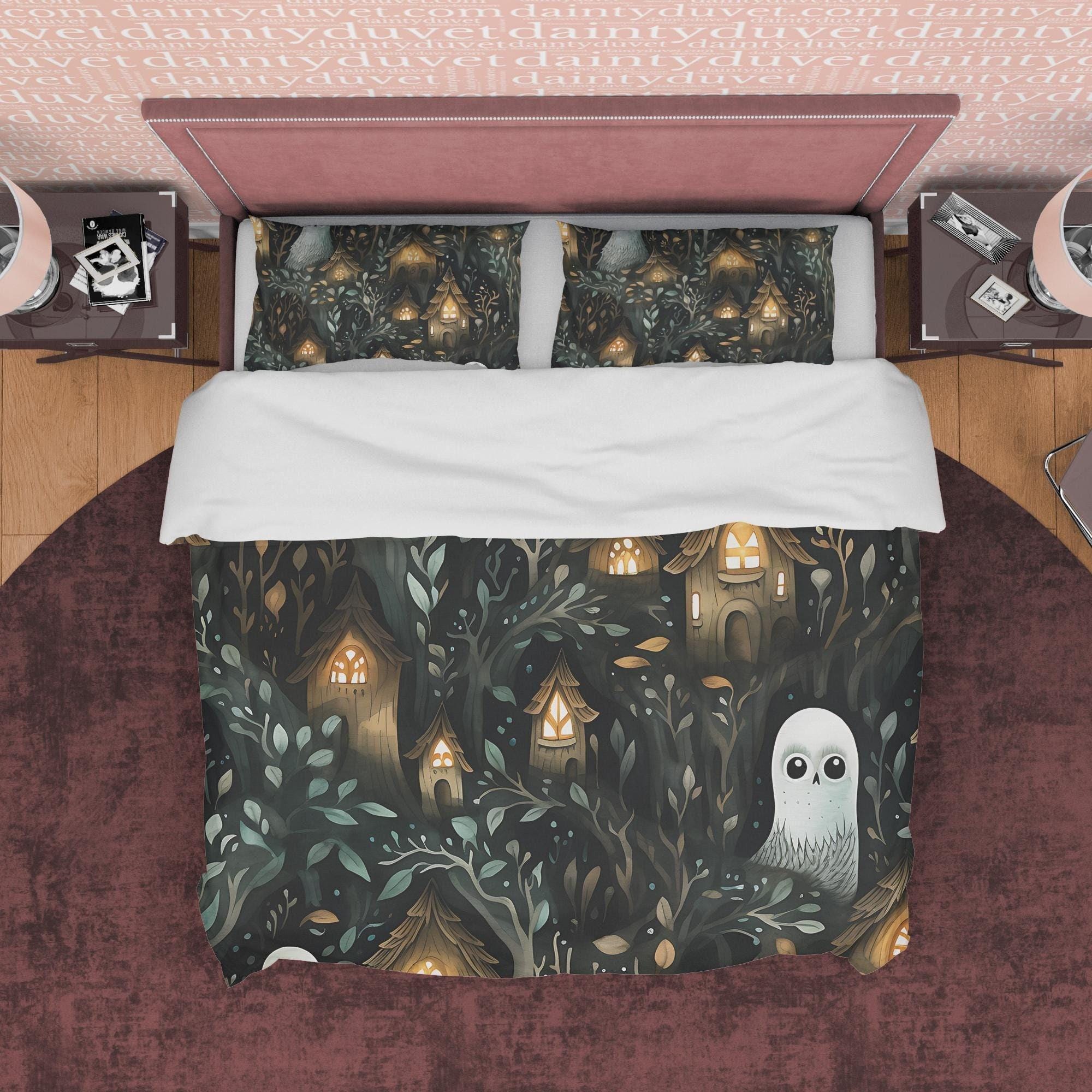 Enchanted Forest Owl Duvet Cover Set, Cozy Dorm Bedding, Woodland Quilt Cover, Magical Bedroom Set,