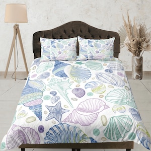 Seashell Duvet Cover, Beach Bedding Set, Ocean Decor, Coastal Bedroom Set, Blue and Purple Bedspread, Cotton Doona Cover