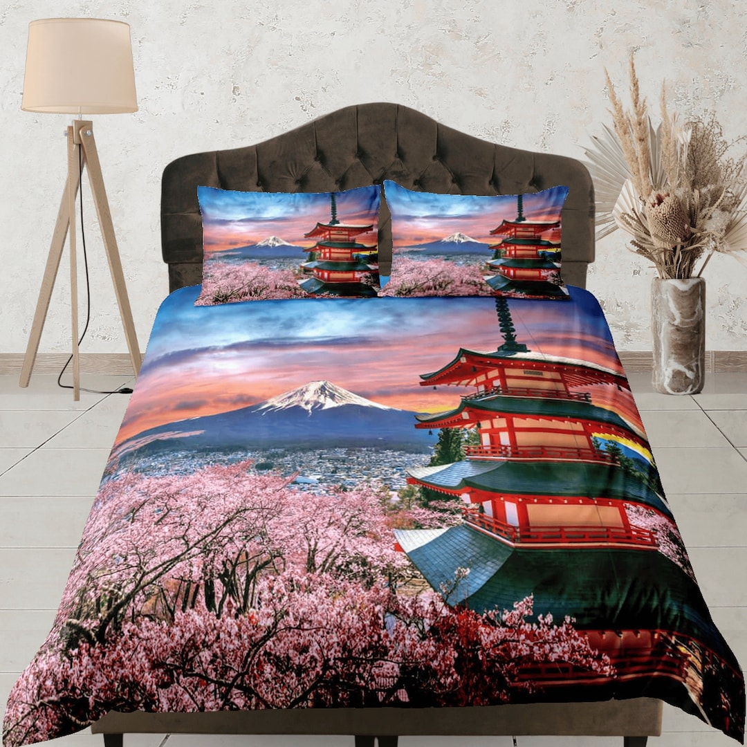 Cherry Blossom Japanese Duvet Cover Set, Scenic Bedding Set, Custom ...
