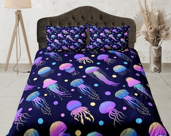 Set di biancheria da letto con stampa di meduse, set copripiumino a tema oceano, biancheria da letto per dormitorio di dimensioni personalizzate, copripiumino multicolore, set da camera da letto al neon, regali per ragazzi