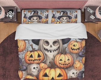 Dekbedovertrekset Halloween pompoen, spooky slaapzaalbeddengoed, esthetische doona hoes, gotische sprei, halloween slaapkamer set, zachte dekbedovertrek