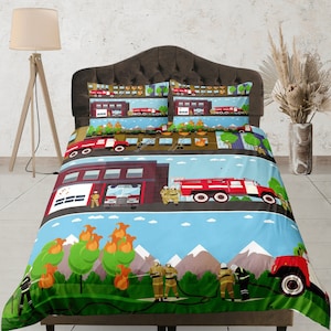 Red Fire Truck Car Bedding Set Firefighter Comforter Set Fire Engine Comforter For Kids Room Decor Firemen Car Vehicle Duvet Set Geometric Lattice Grid Full Size With 2 Pillow Case